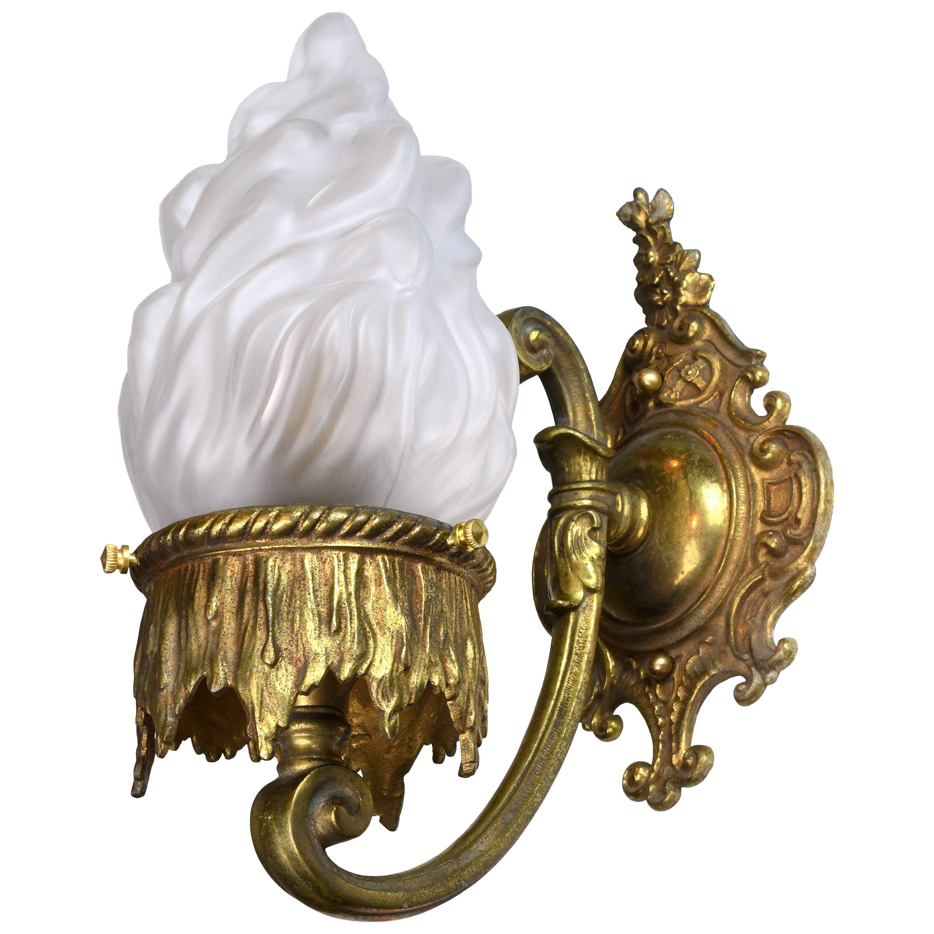 Cast Brass Beaux Arts Sconce with Flame Shade