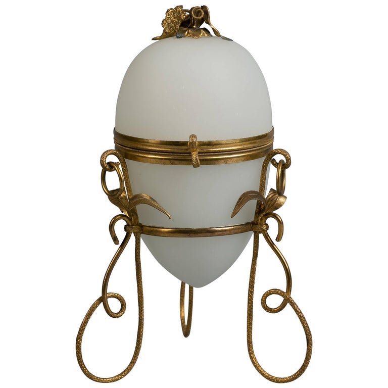French Opaline Glass Egg Shaped Container with Perfume Bottle, circa