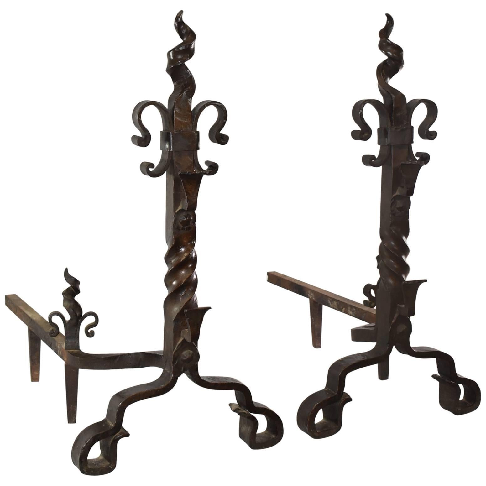 Pair of Gothic Revival Hammered Forged Iron Andirons Attributed to Yellen For Sale