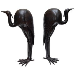 Solid Bronze Fountain Heron Sculptures, Pair