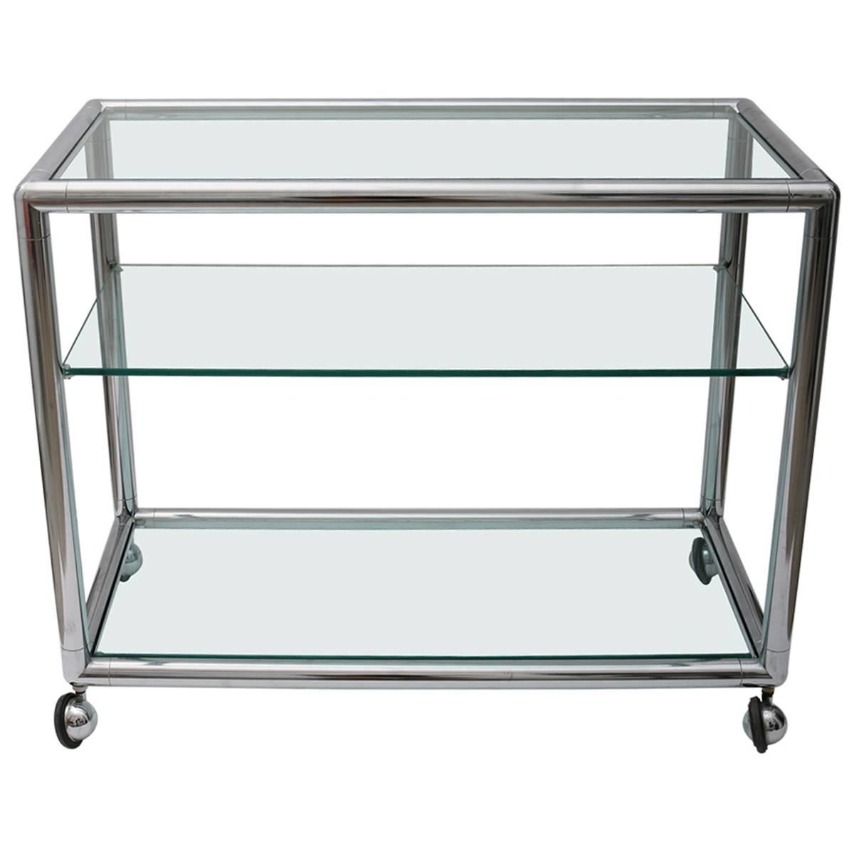 Three-Tiered Polished Chrome and Glass Bar Cart, Attributed to Pace Furniture