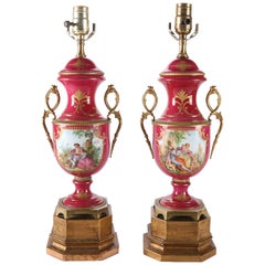 Pair of Antique Sevres Hand-Painted, Gilt Porcelain and Bronze Lamps, Signed