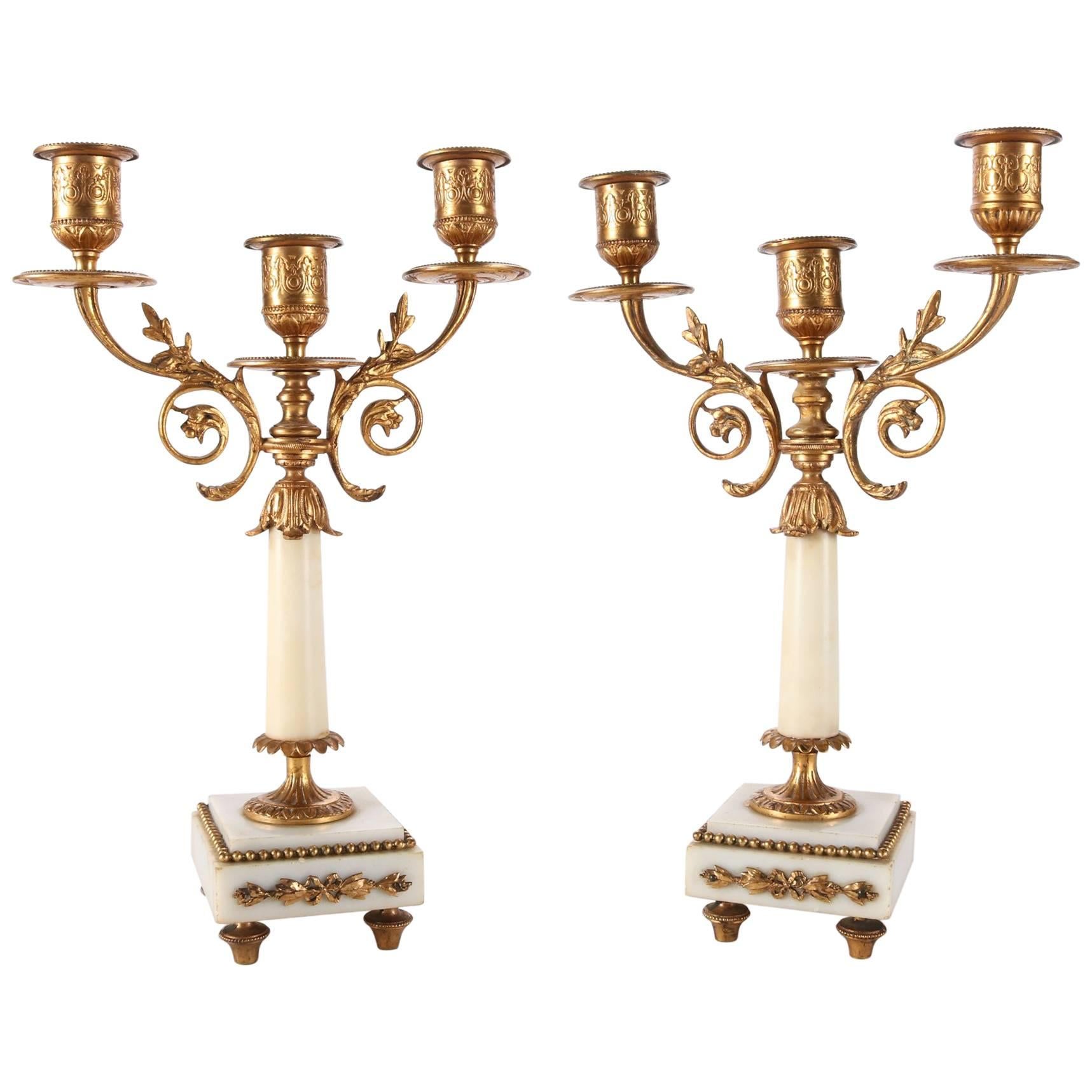 Pair of Antique French Classical Gilt Bronze and Marble Three-Light Candelabra