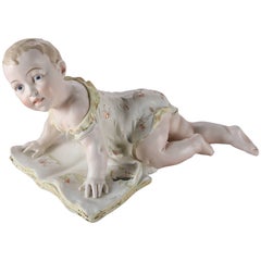 Antique Large English Painted & Gilt Bisque Porcelain Piano Baby, 19th Century