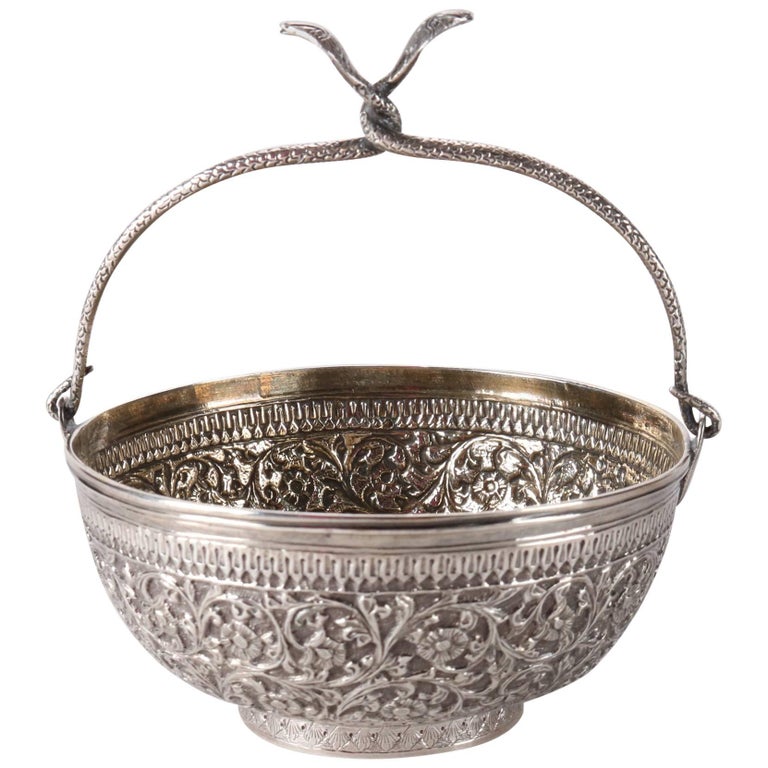 Antique Indian .800 Silver Repousse Basket with Intertwined Cobra