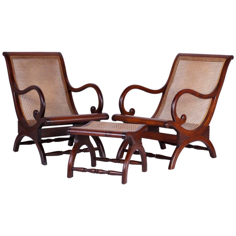 Pair of British Colonia Caned Chairs with Matching Ottoman at 1stDibs