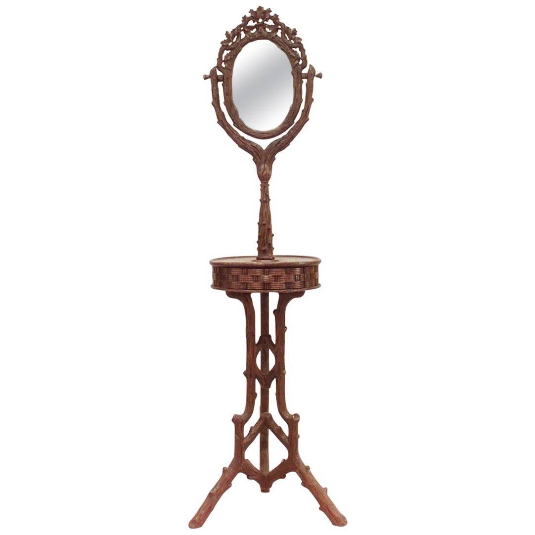 Rustic Black Forest Carved Walnut Shaving Stand / Dressing Table Mirror For Sale