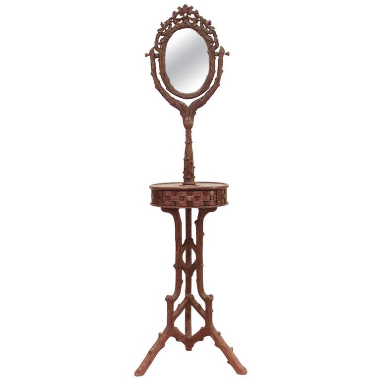 Rustic Black Forest Carved Walnut Shaving Stand / Dressing Table Mirror For Sale at 1stDibs