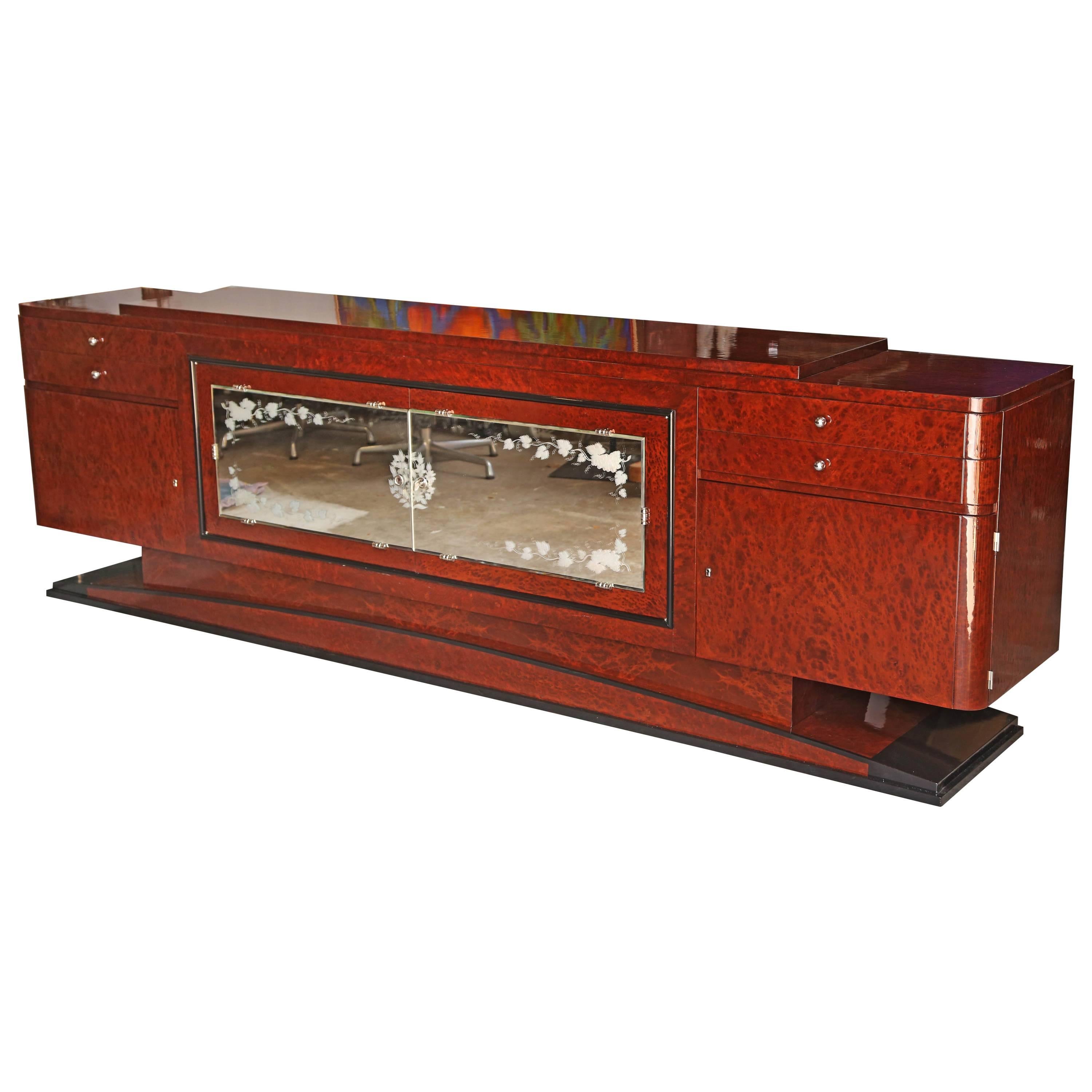 Exceptional Credenza,  French Art Deco Mahogany Speckled Sideboard