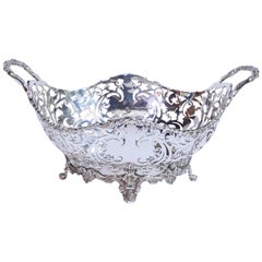 Fine English Sterling Silver Oval Reticulated Basket with Handles