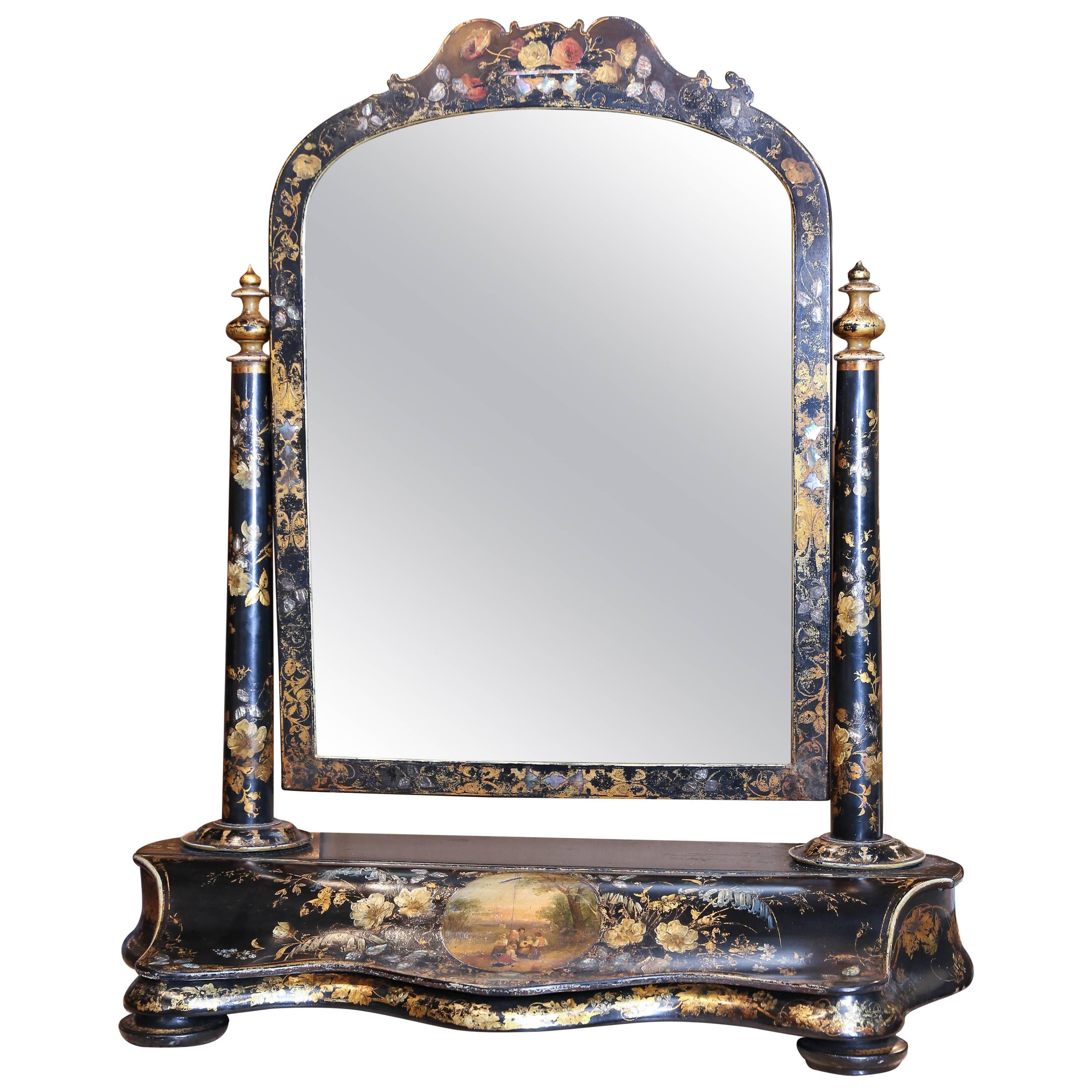 Papier-Mâché Adjustable Vanity Mirror with Drawer, 19th Century