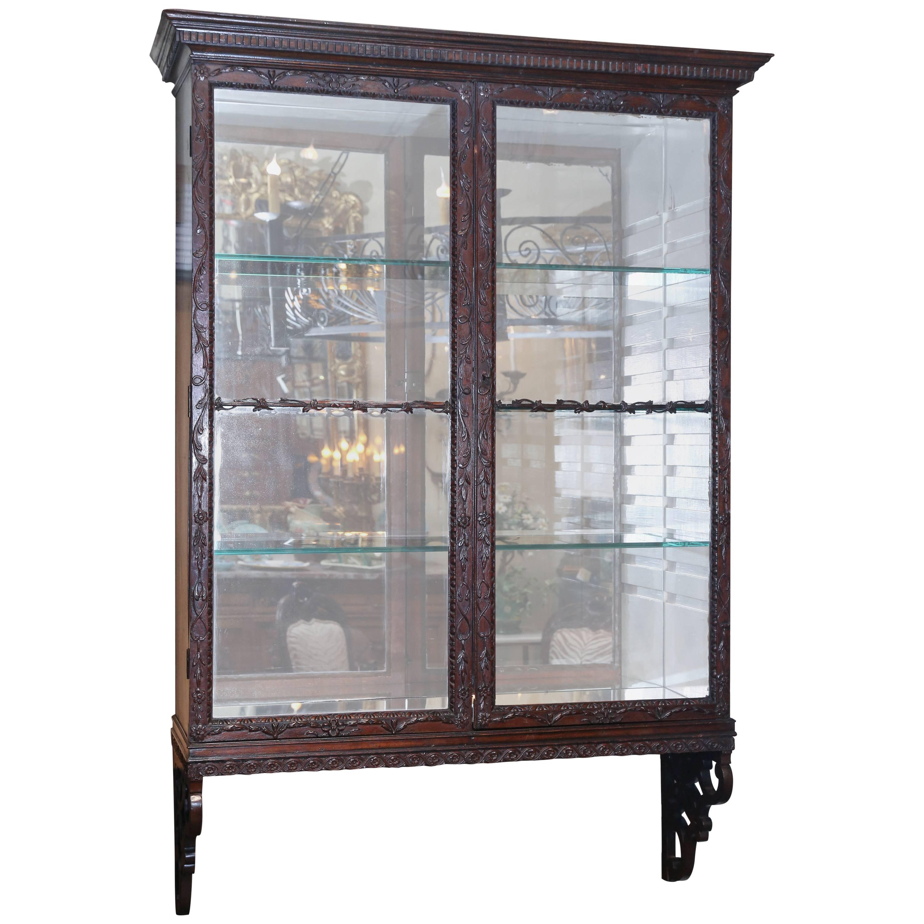 19th Century English Chippendale Style Mahogany Wall Hanging Display Cabinet