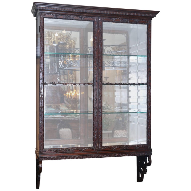 19th century english chippendale style mahogany wall hanging display cabinet