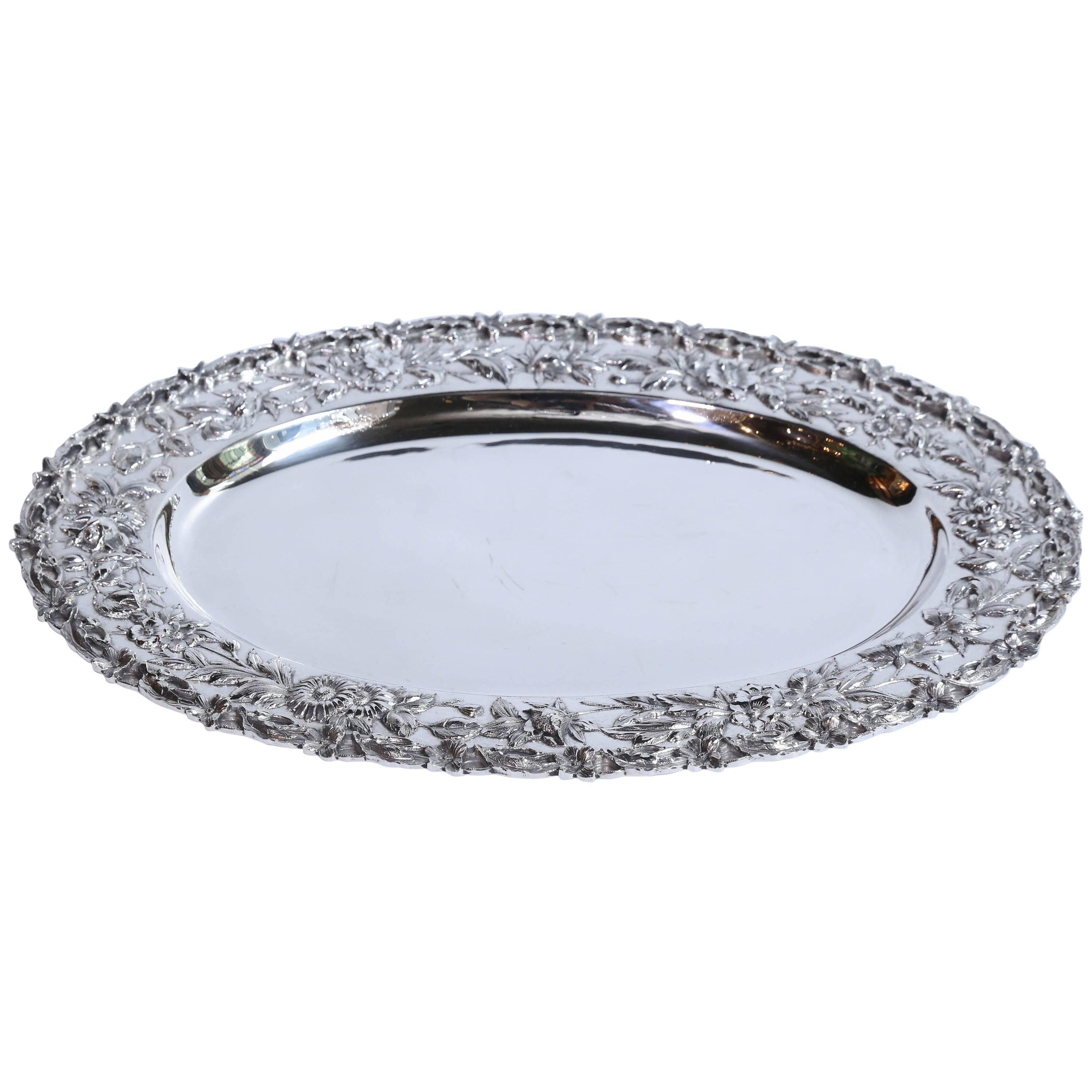 Oval Sterling Serving Tray by Kirk Stieff with Repousse Border For Sale