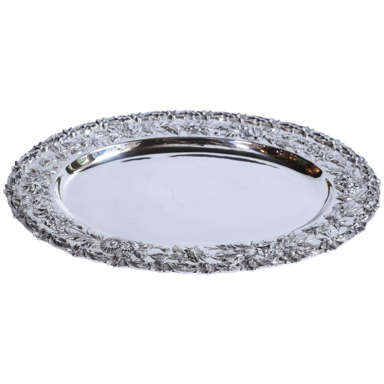 Oval Sterling Serving Tray by Kirk Stieff with Repousse Border For Sale ...