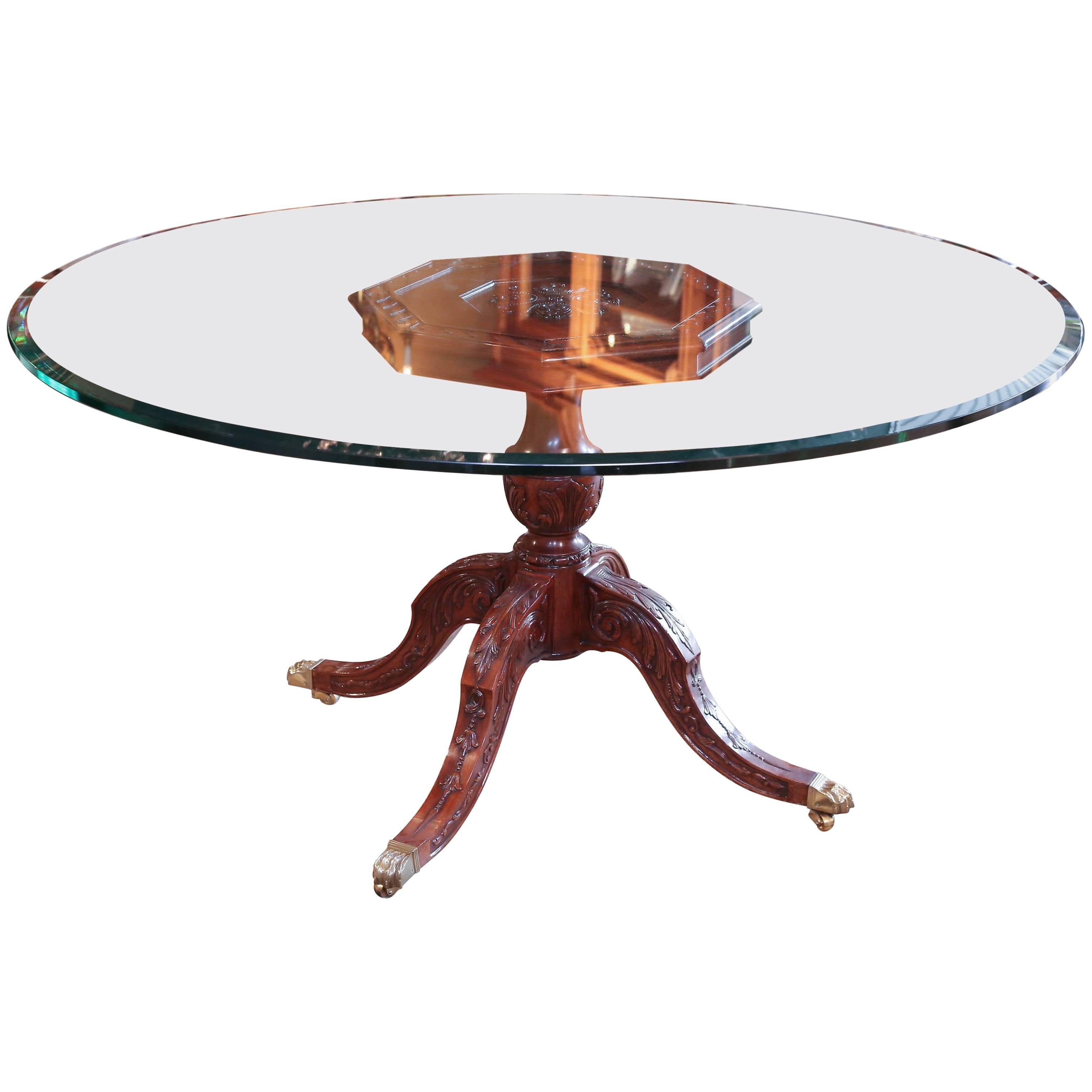 Round Glass Top Dining Table with Mahogany Pedestal Carved Base