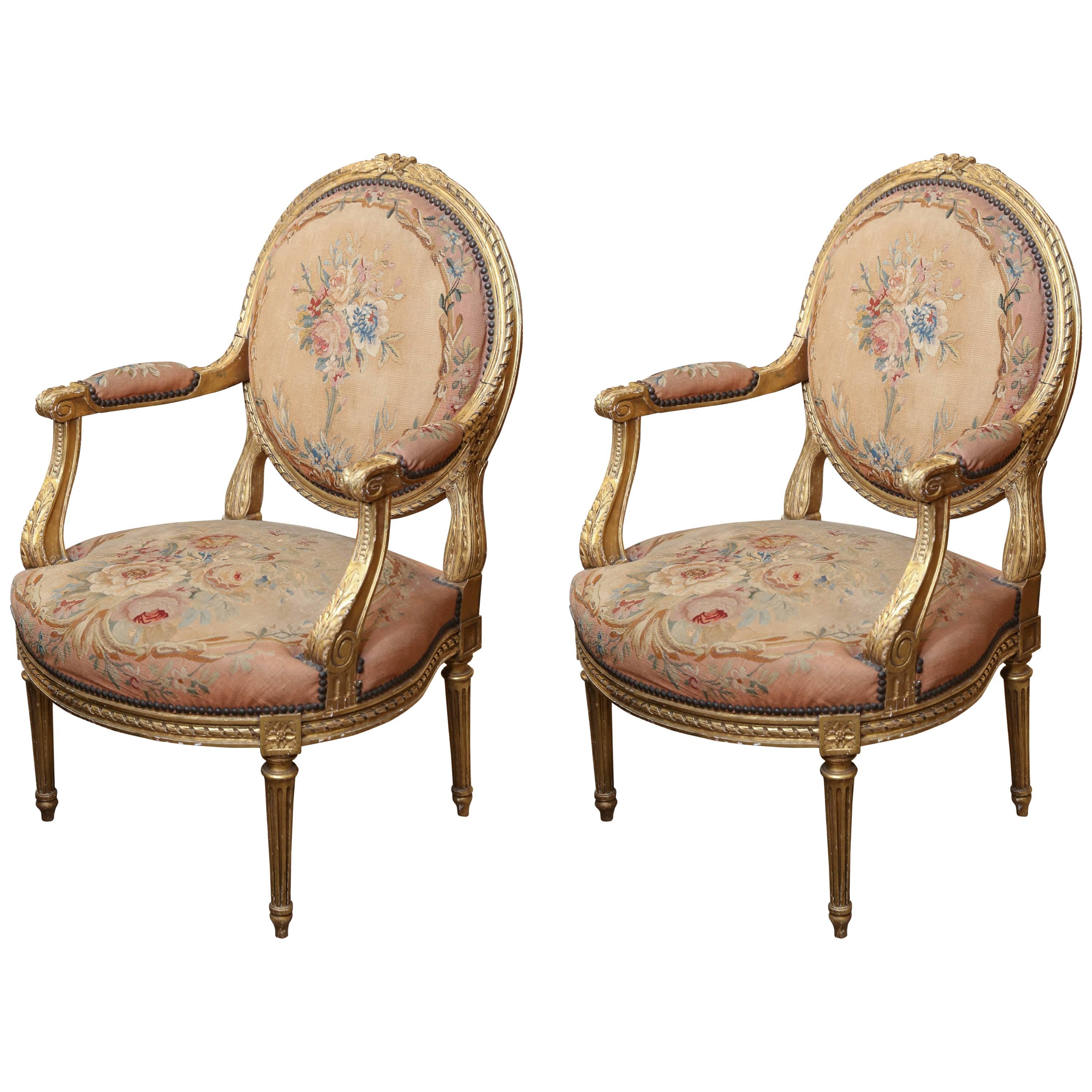Pair of French Giltwood Louis XVI Chairs with Original Aubusson Upholstery