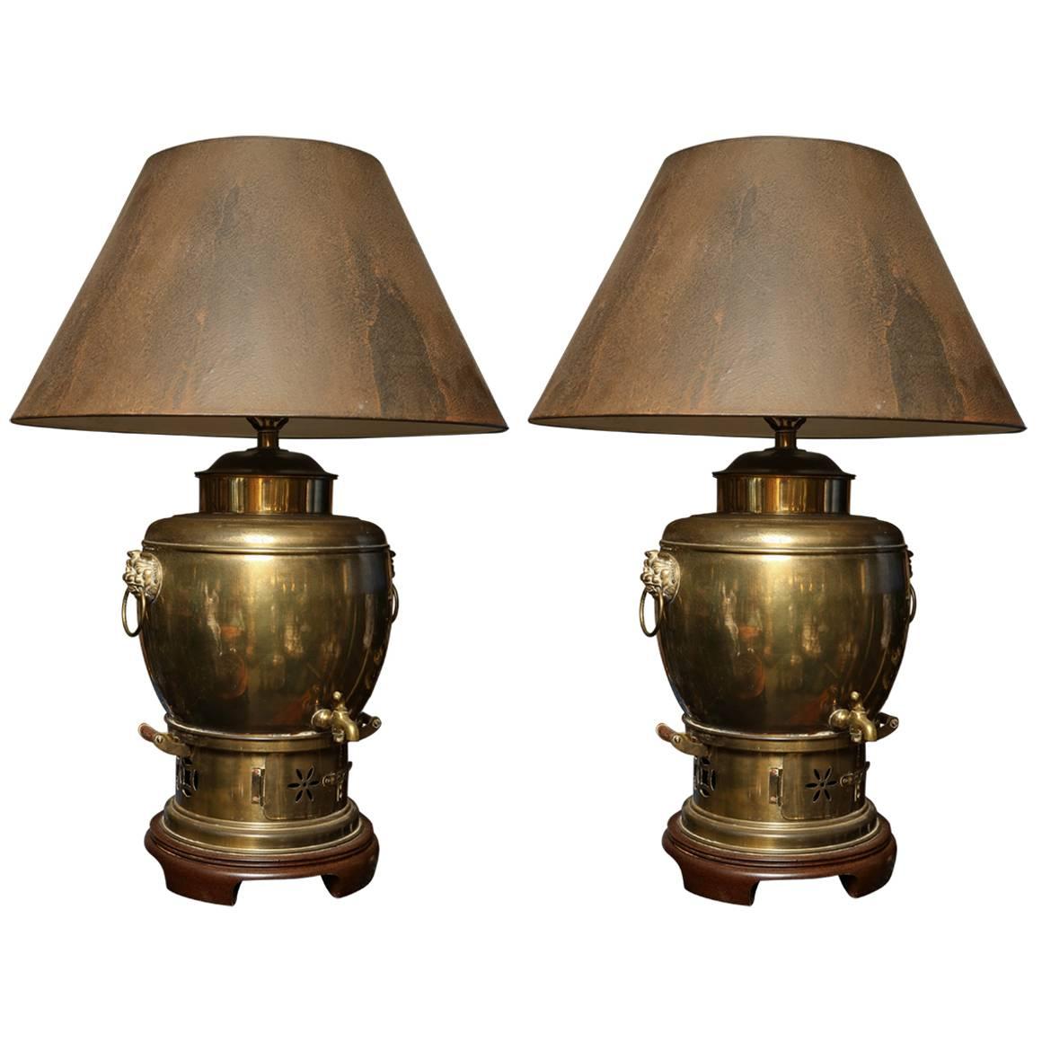 Pair of Chinese Brass Samovar Lamps