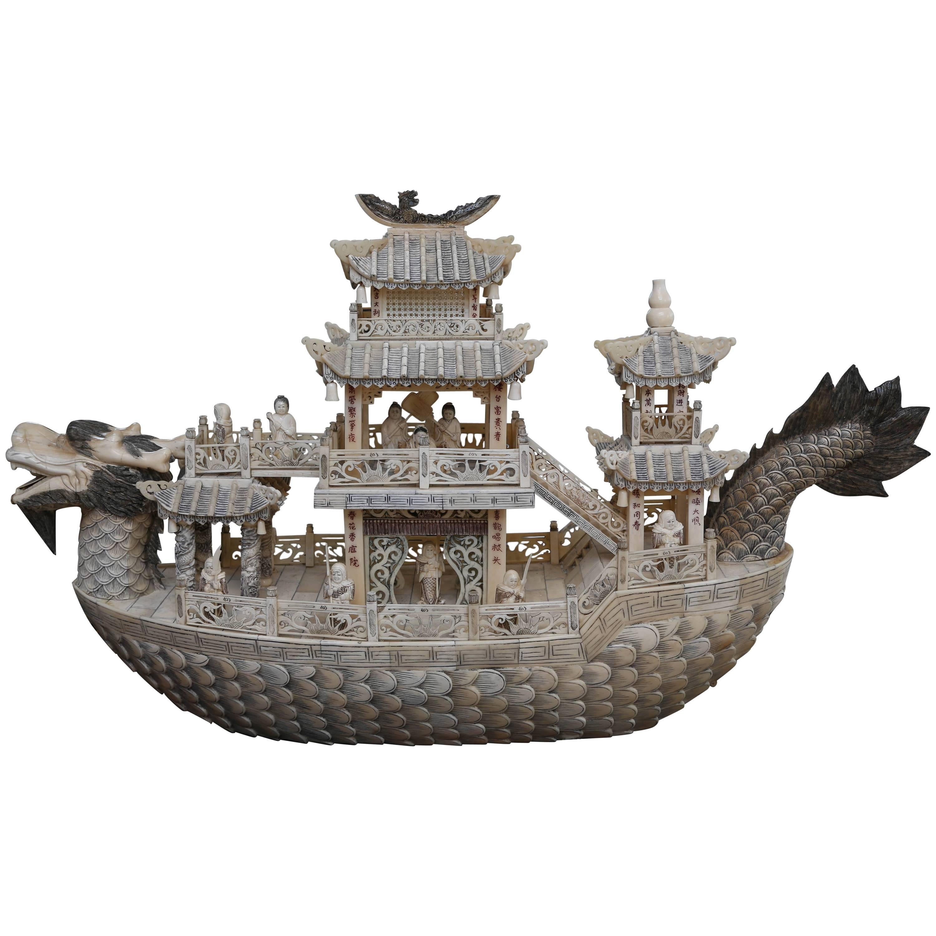 Large and Elaborate Imperial Boat Carved from Bone