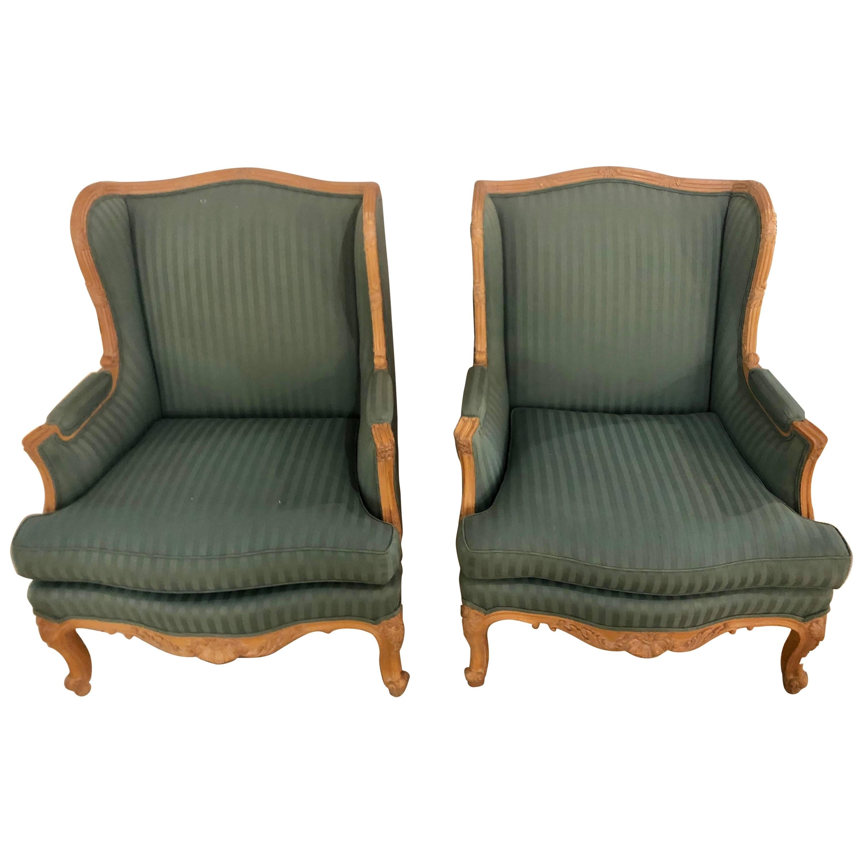 Pair of Louis XV Style High Back Lounge or Wing Chairs