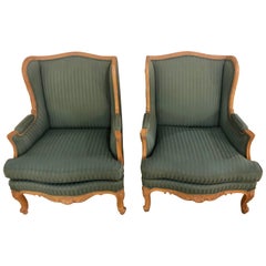 Vintage Pair of Louis XV Style High Back Lounge or Wing Chairs