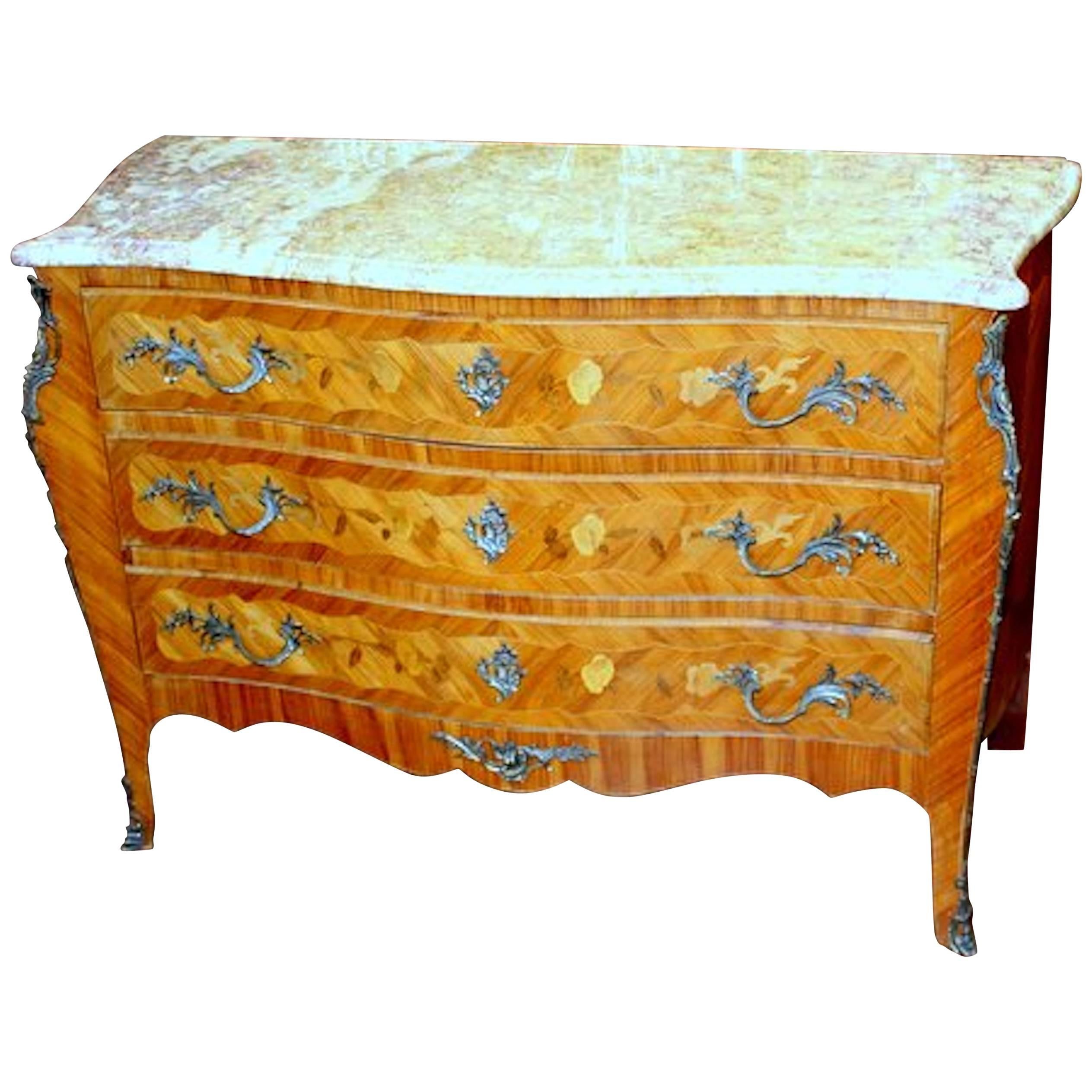 Old French Louis XV Style Marquetry Inlaid Kingwood Marble-Top Commode