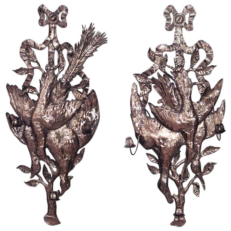 Pair of Rustic Continental German Style Brass Game Bird Wall Sconces For Sale
