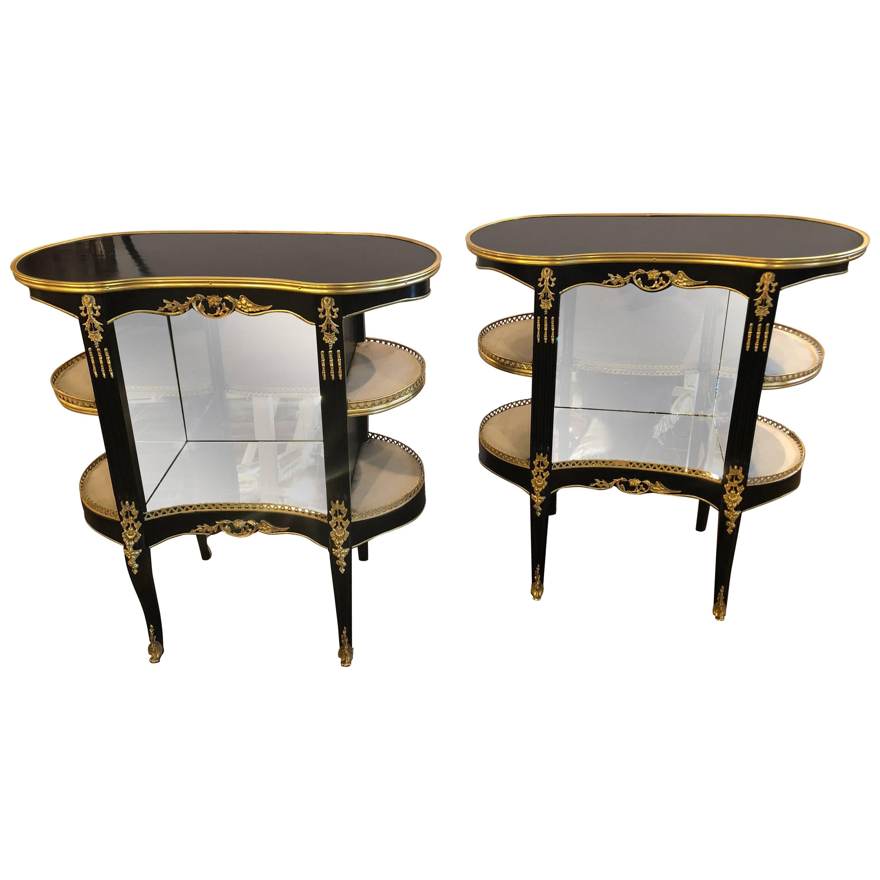 Pair of Louis XV Hollywood Regency Style Ebony Vitrine End Tables or Nightstands