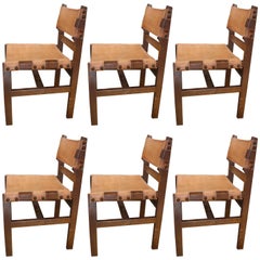 Set of Six Wood and Leather Chairs