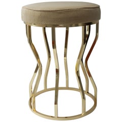 Hour Glass Form, Round Vanity Stool in Polished Brass and Velvet Upholstery