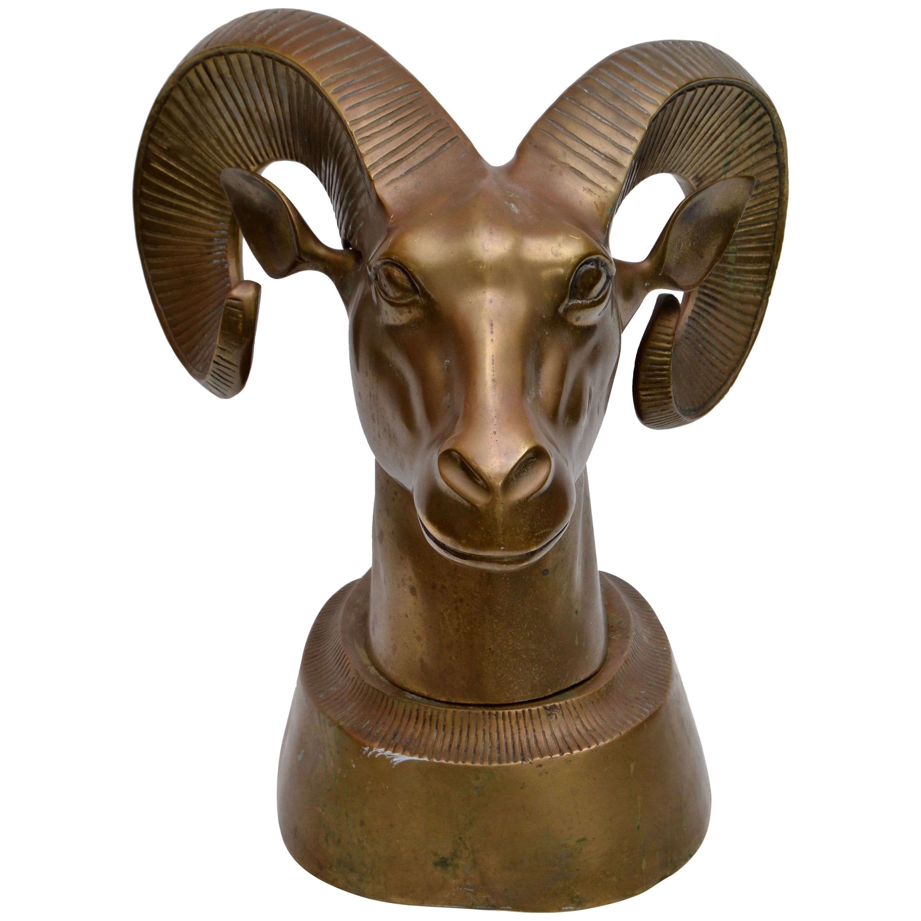 1970s Modernist Brass Ram's Head Sculpture with Glass Horns For Sale at