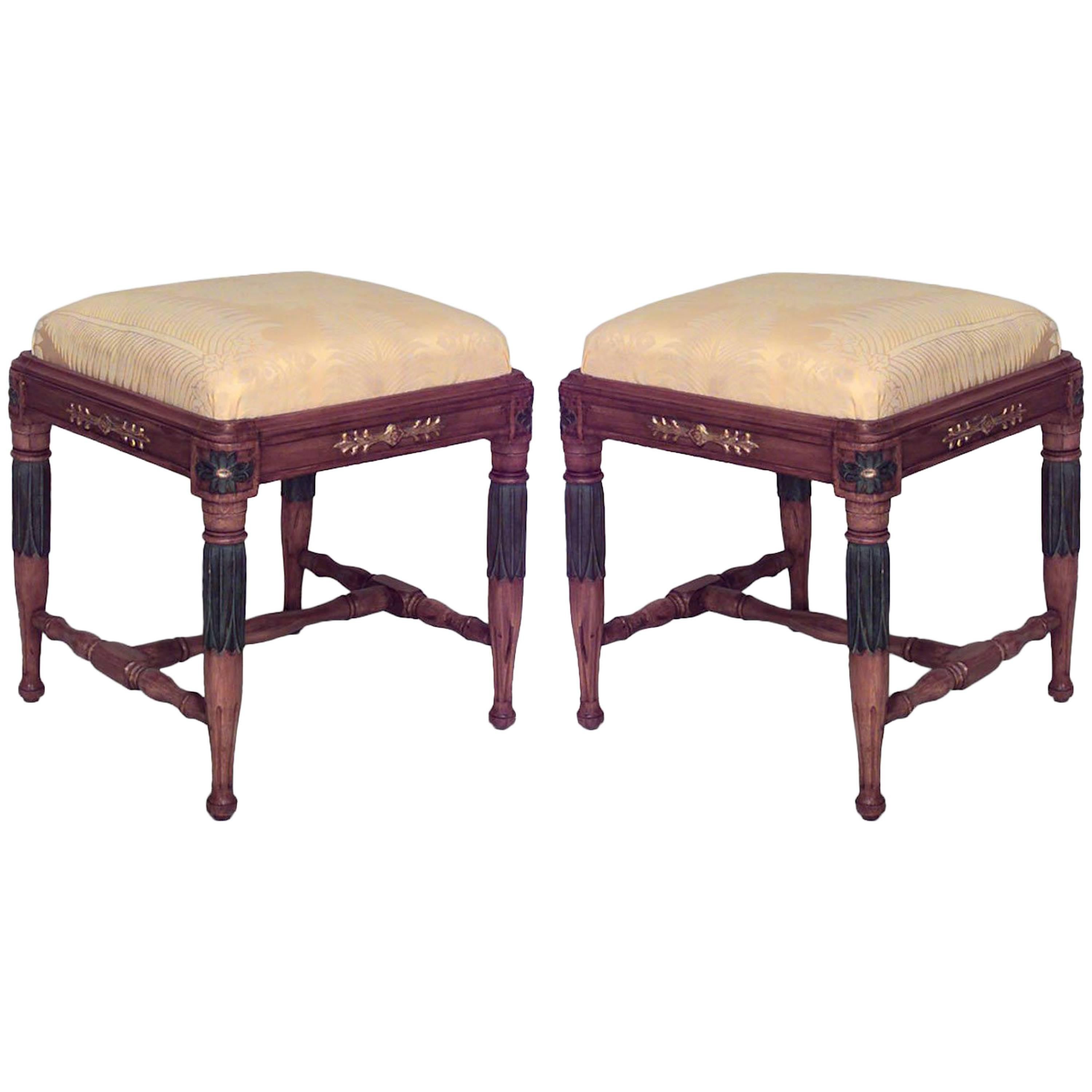 2 Swedish Neoclassic Birch and Silk Stools