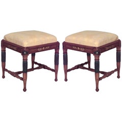 2 Swedish Neoclassic Birch and Silk Stools