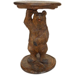 Used Rustic Black Forest Style Walnut Bear End Table