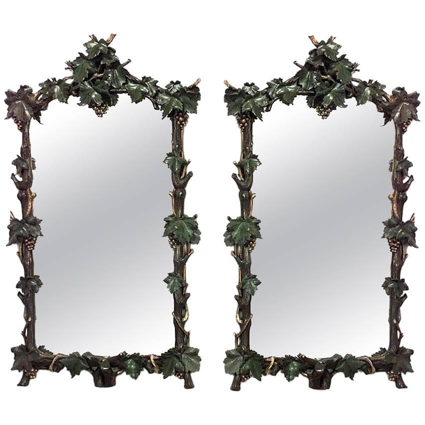 Pair of Rustic Continental Carved Grape and Leaf Design Wall Mirrors For Sale