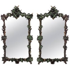 Antique Pair of Rustic Continental Carved Grape and Leaf Design Wall Mirrors