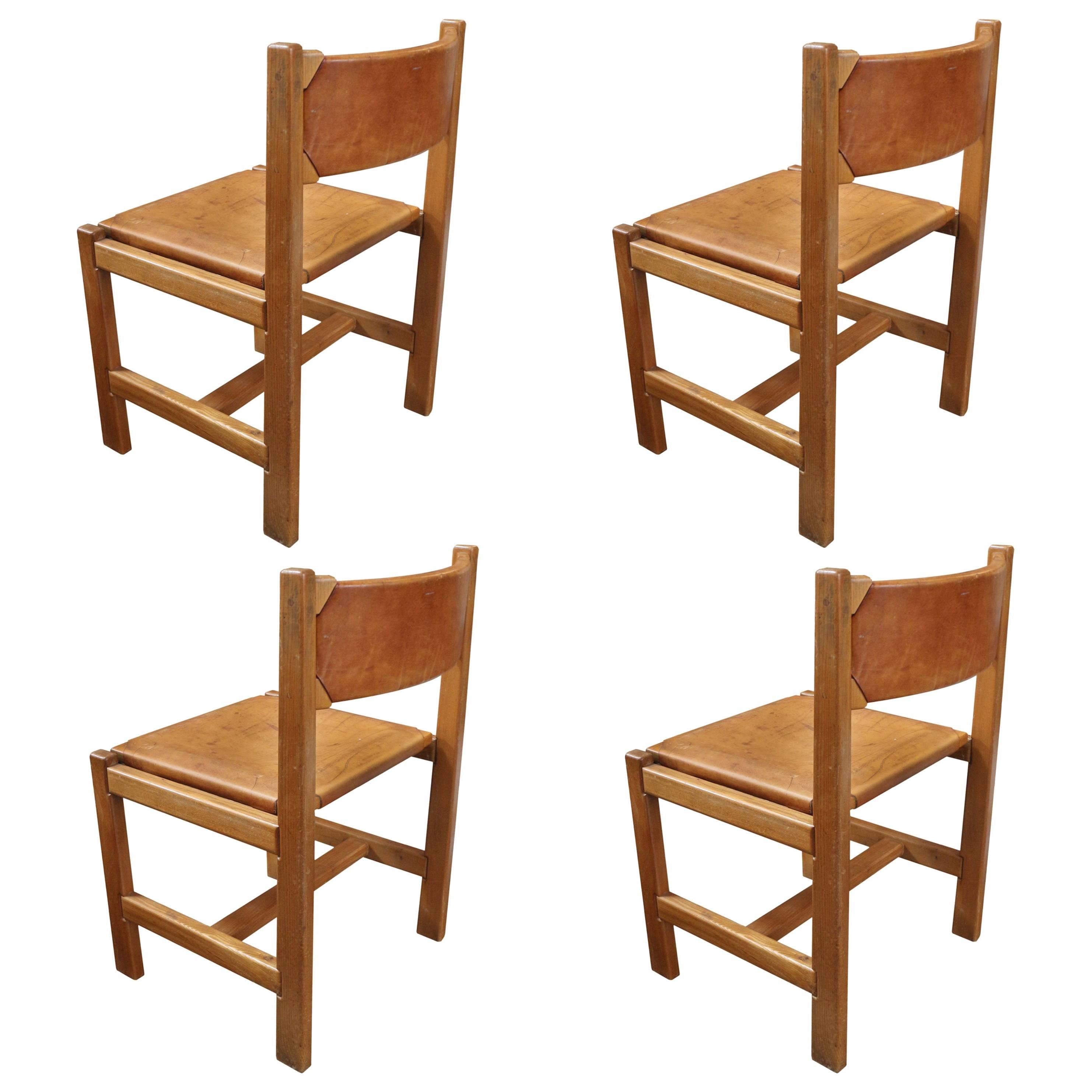 Set of Four Oak and Leather Side Chairs