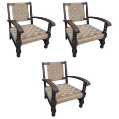 Set of Three Seagrass and Wood Lounge Chairs