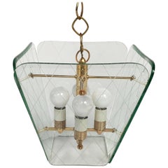 Italian Brass and Etched Glass Chandelier by Pietro Chiesa for Fontana Arte