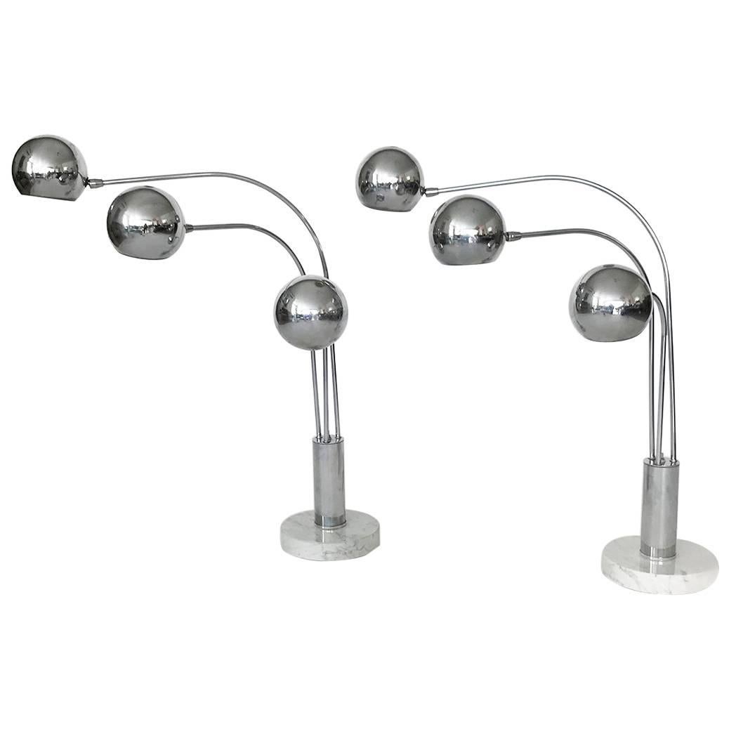 Pair of Midcentury Chrome Orb Three-Arm Lamp with White Marble Base