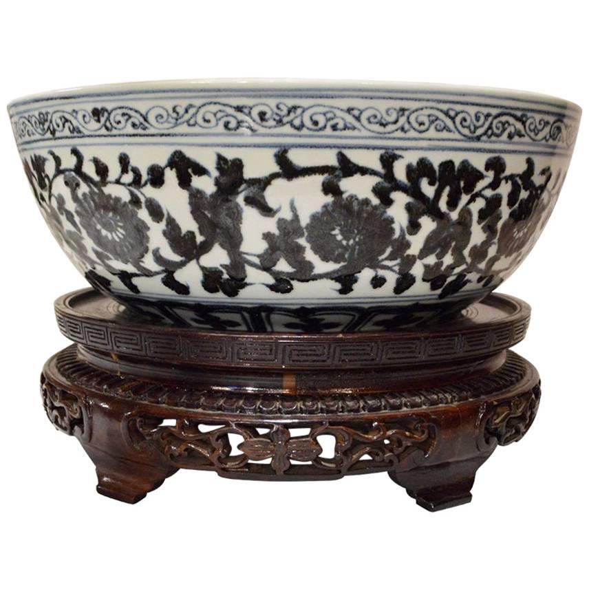 Large Antique Chinese Hand-Painted Bowl with Intricate Hand-Carved Wood Stand