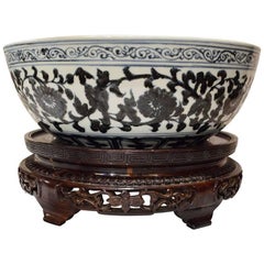 Large Antique Chinese Hand-Painted Bowl with Intricate Hand-Carved Wood Stand