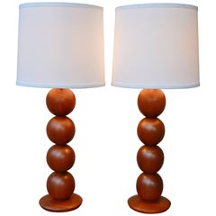 Pair of Danish Modern Teak Stacked Ball Table Lamps with New Linen Shades