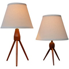 Vintage Two Danish Modern Teak Tripod Table Lamps New Conical Shades