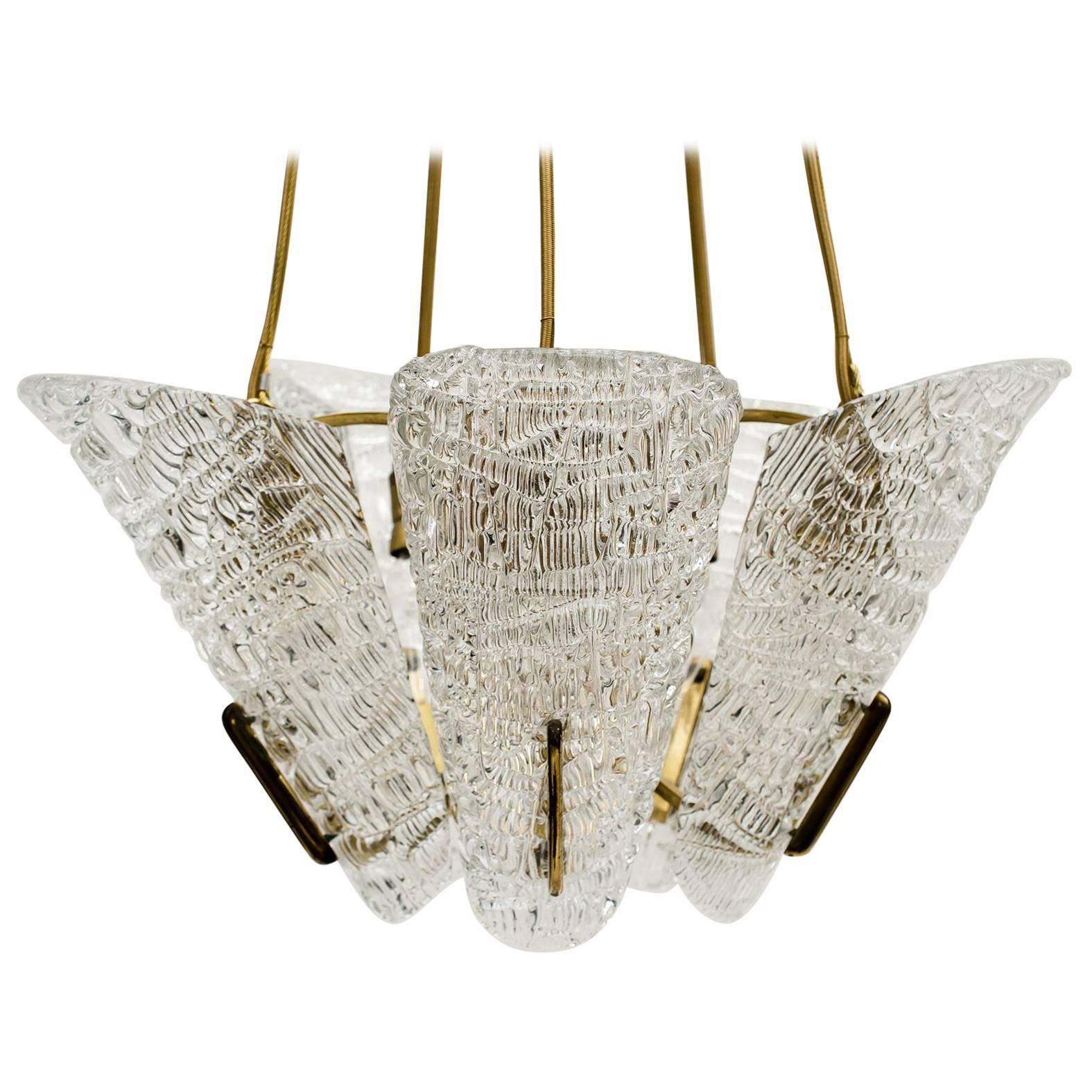 Beautiful Klamar Chandelier with Textured Glass, circa 1950s For Sale