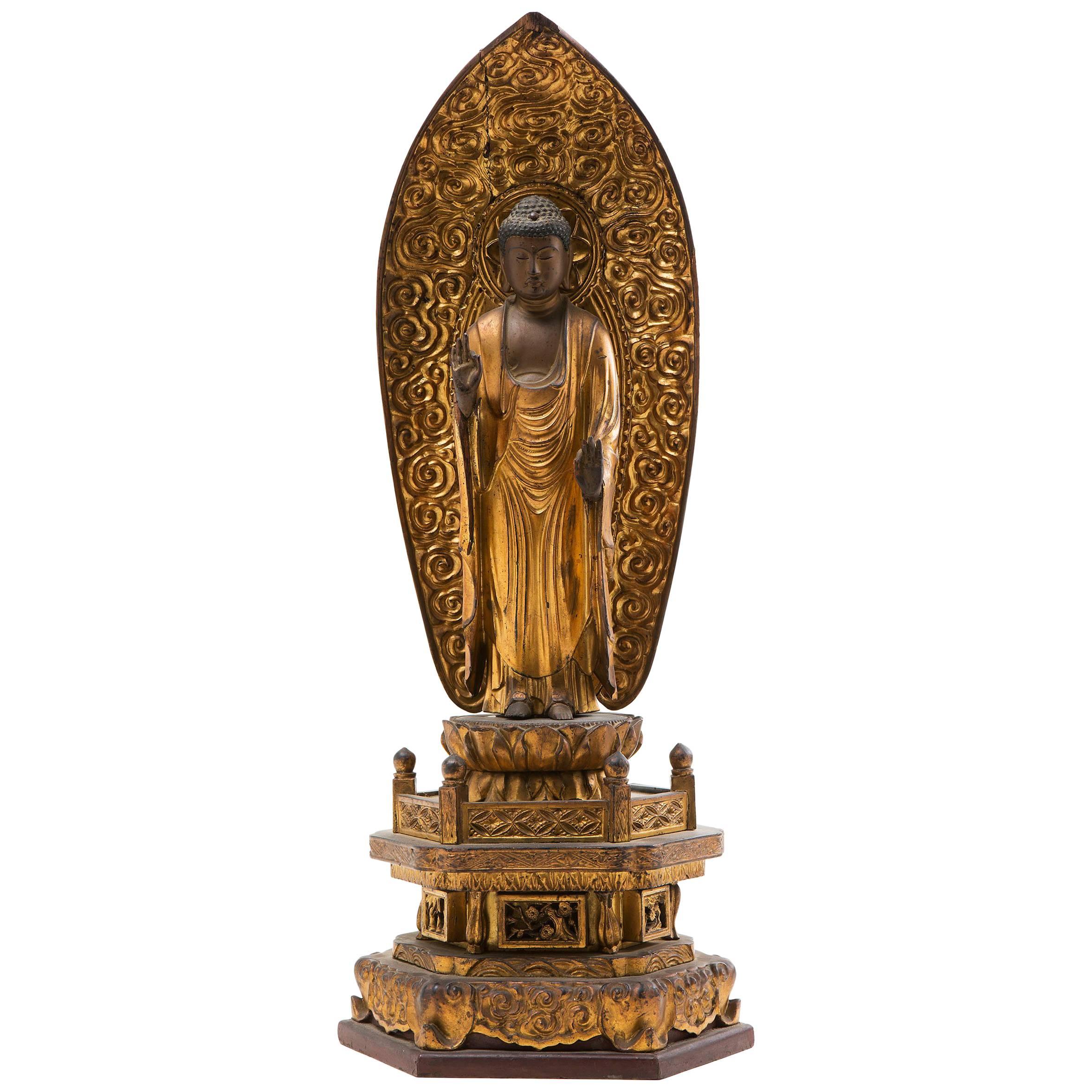 Carved Gilded Wood Standing Amida Buddha For Sale
