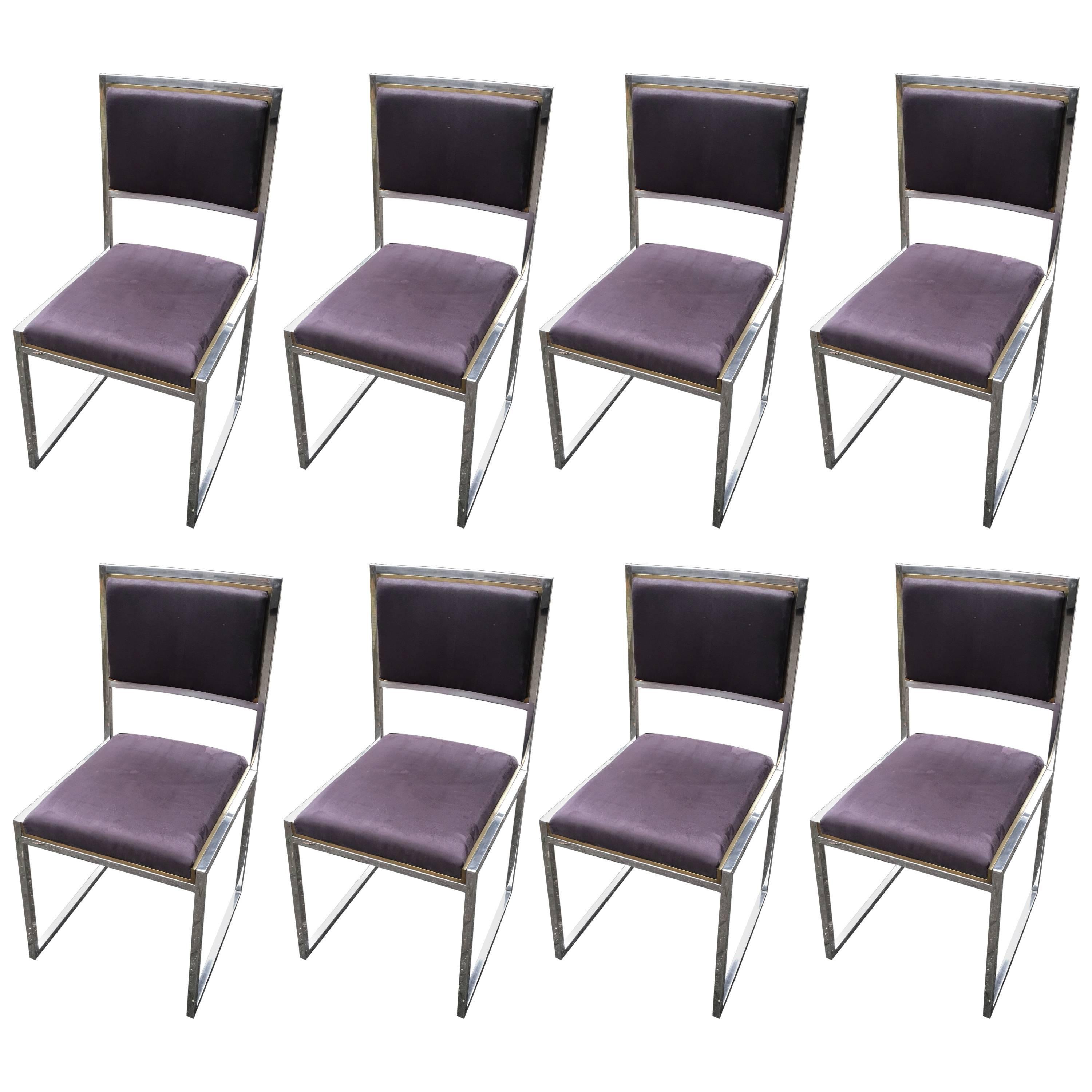 Set of Eight Chairs in Chrome, Brass and Alcantara by Willy Rizzo