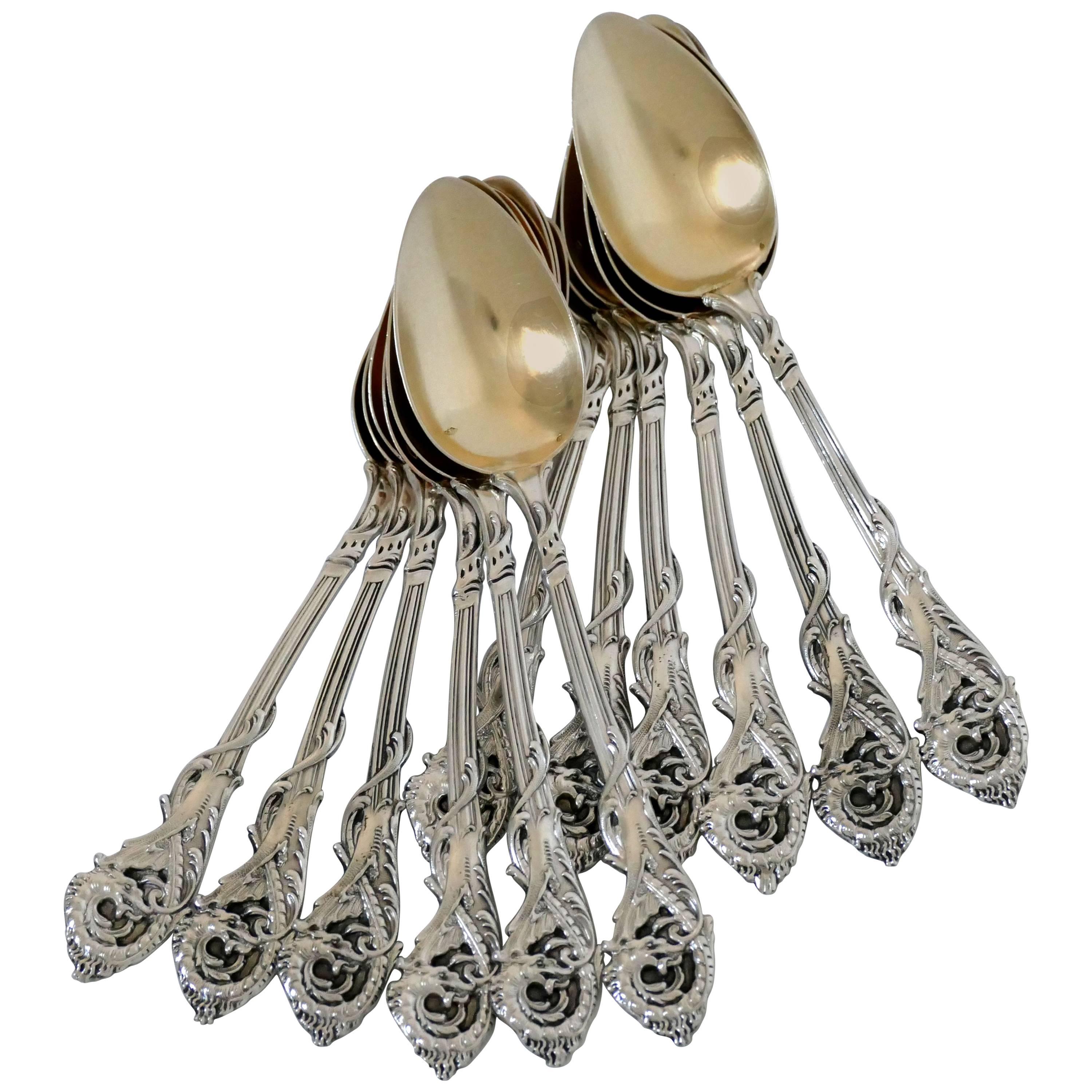 Veyrat Rare French Sterling Silver 18k Gold Tea Coffee Spoons Set 12 Pc, Dragon For Sale
