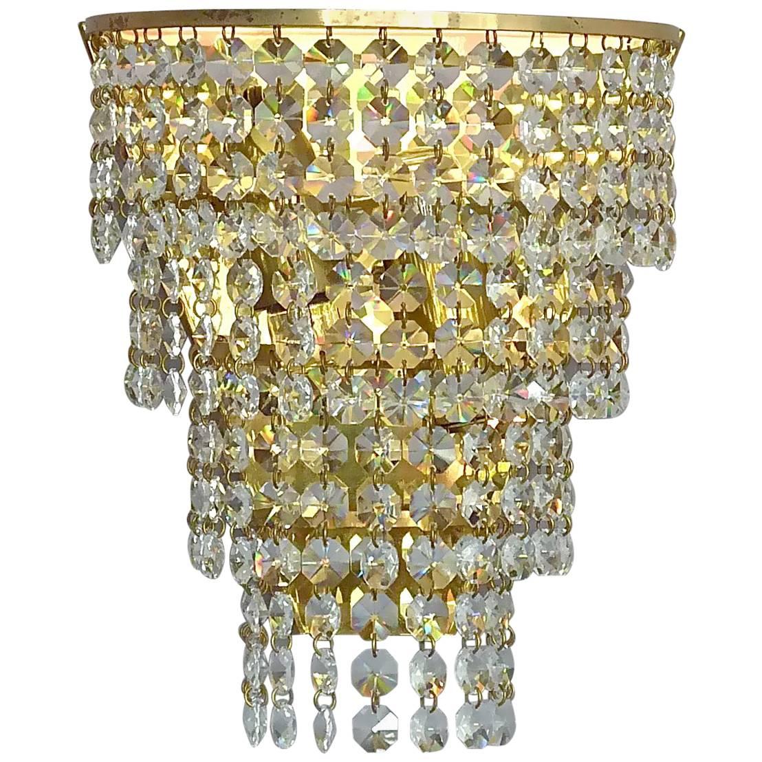 Pair Palwa Sconces Faceted Crystal Glass Brass Cascading Waterfall Wall Lights