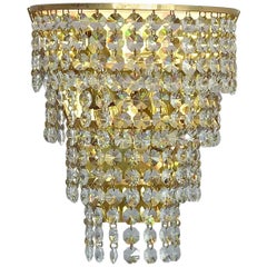 Vintage Pair Palwa Sconces Faceted Crystal Glass Brass Cascading Waterfall Wall Lights